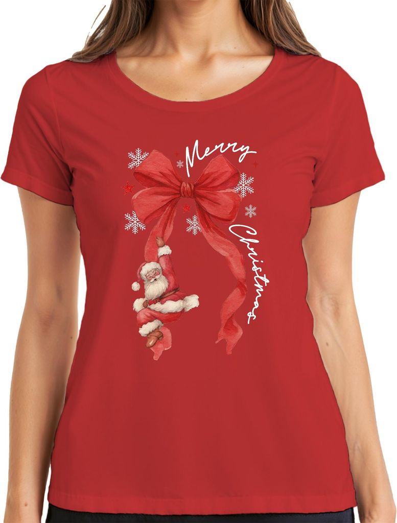 Merry Christmas Weihnachtsmann rote Schleife Schneeflocken Damen T-Shirt, Rot, L