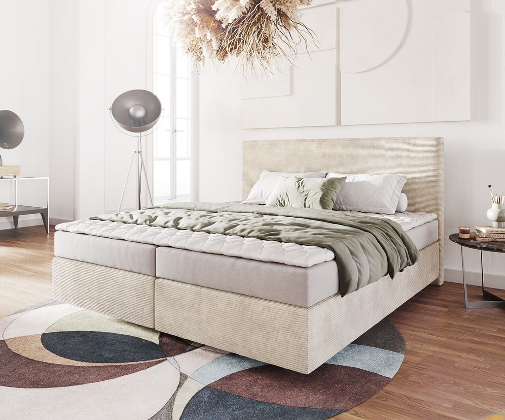 DELIFE Boxspringbett Dream-Well 180x200 cm Cord Beige mit Matratze und Topper