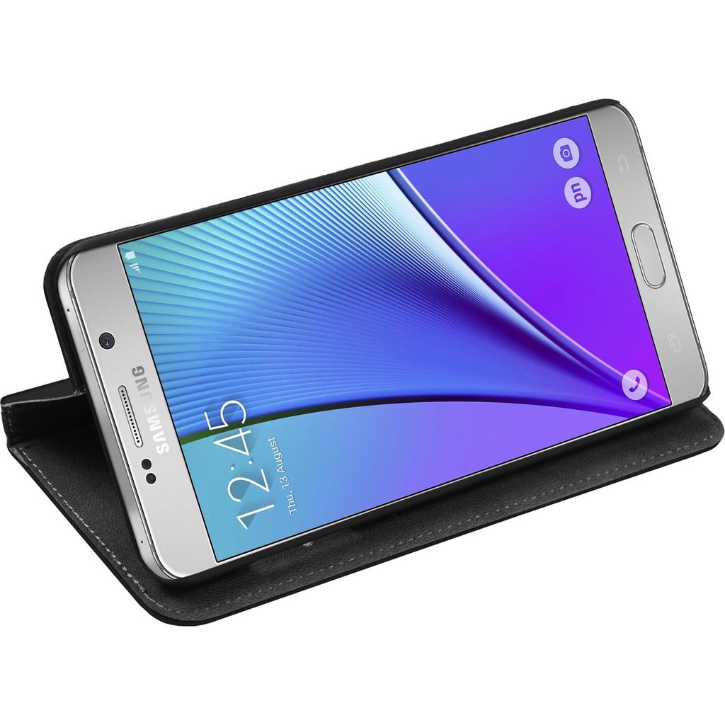 PhoneNatic Kunst-Lederhülle kompatibel mit Samsung Galaxy Note 5 - Book-Case schwarz + 2 Schutzfolien