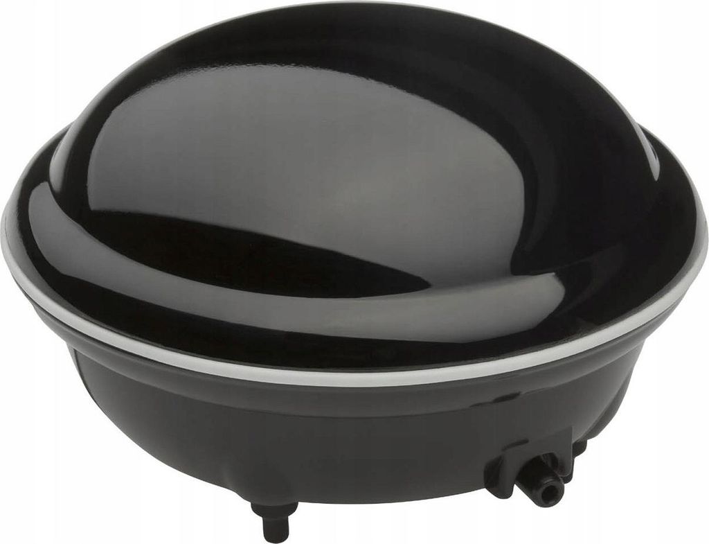 A black and white aquarium air pump is shown against a white background.