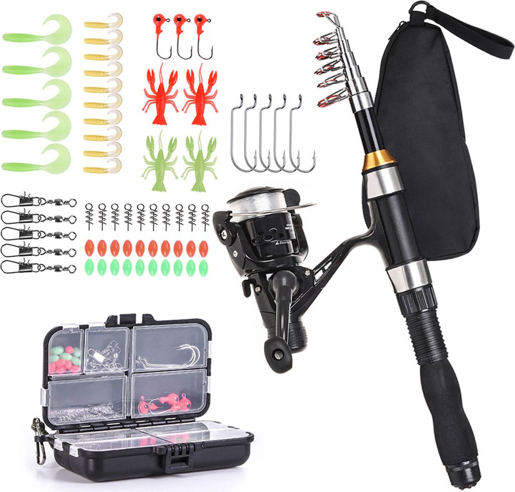 Angelrute Rolle Combo Full Kit 1,5 m Teleskop Angelrute Spinnrolle Set mit Haken Soft Lures Barrel Swivels Aufbewahrungstasche