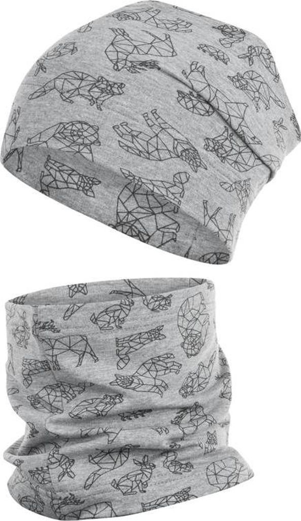 Übergangsmütze + Schlauchschal Beanie Stoffmütze Jungenmütze im Set Loop Baumwolle, Hellgrau, Gr. 54-56