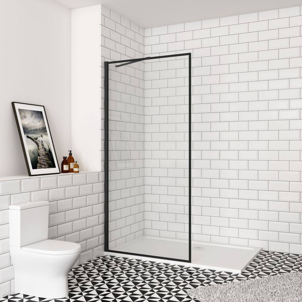 Duschabtrennung Walk In Dusche (1380-1400mm)140x200 cm Duschtrennwand 8mm Nano Glas Duschwand mit 50cm Stabilisator Schwarz