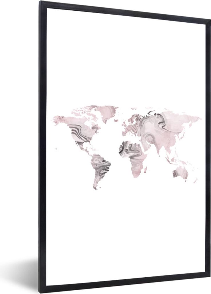 MuchoWow Gerahmtes Poster Weltkarte - Rosa - Grau - Farbe 60x90 cm - Poster mit Schwarzem Bilderrahmen Wandposter Rahmen Foto Bilder - Kunst