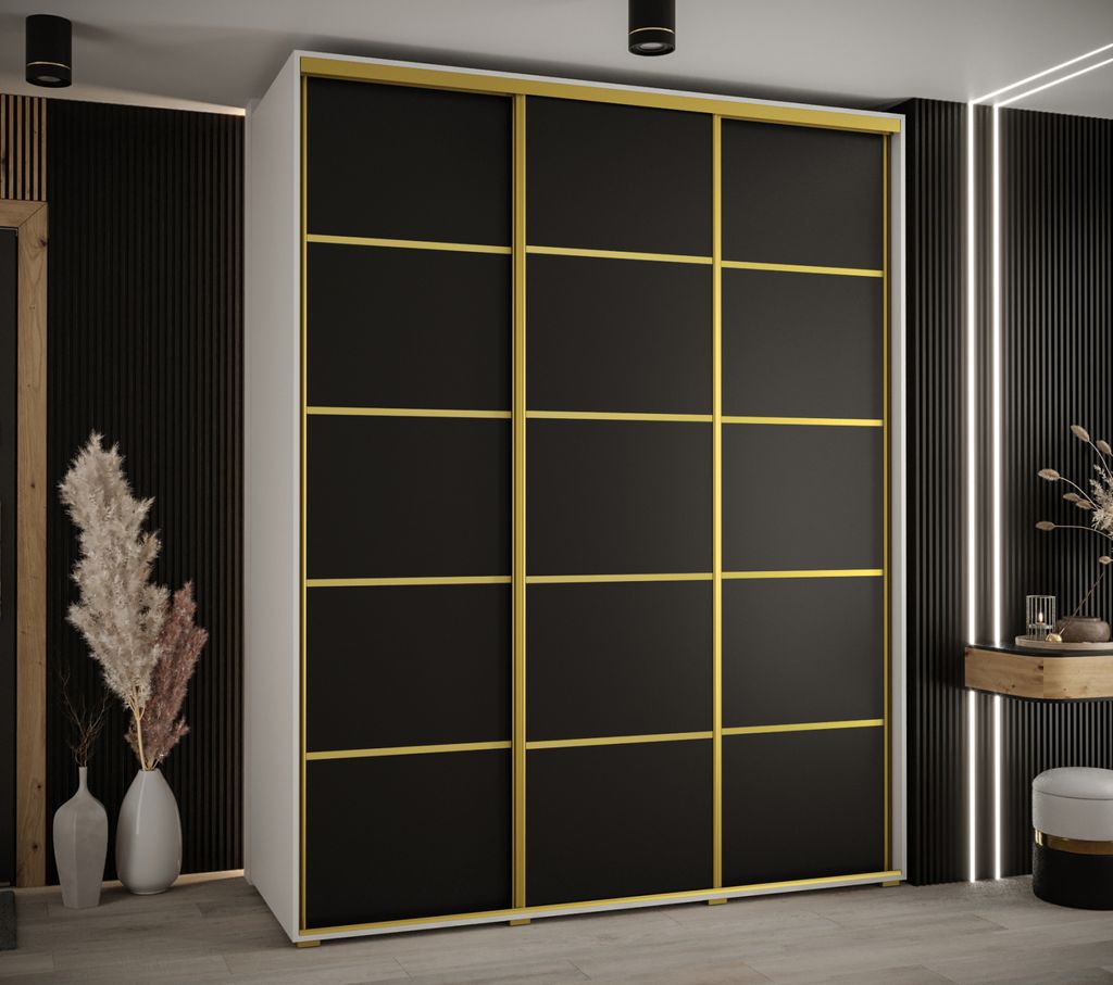 Kleiderschrank YVONA 4 – 190/60 cm, weiß/schwarz/gold