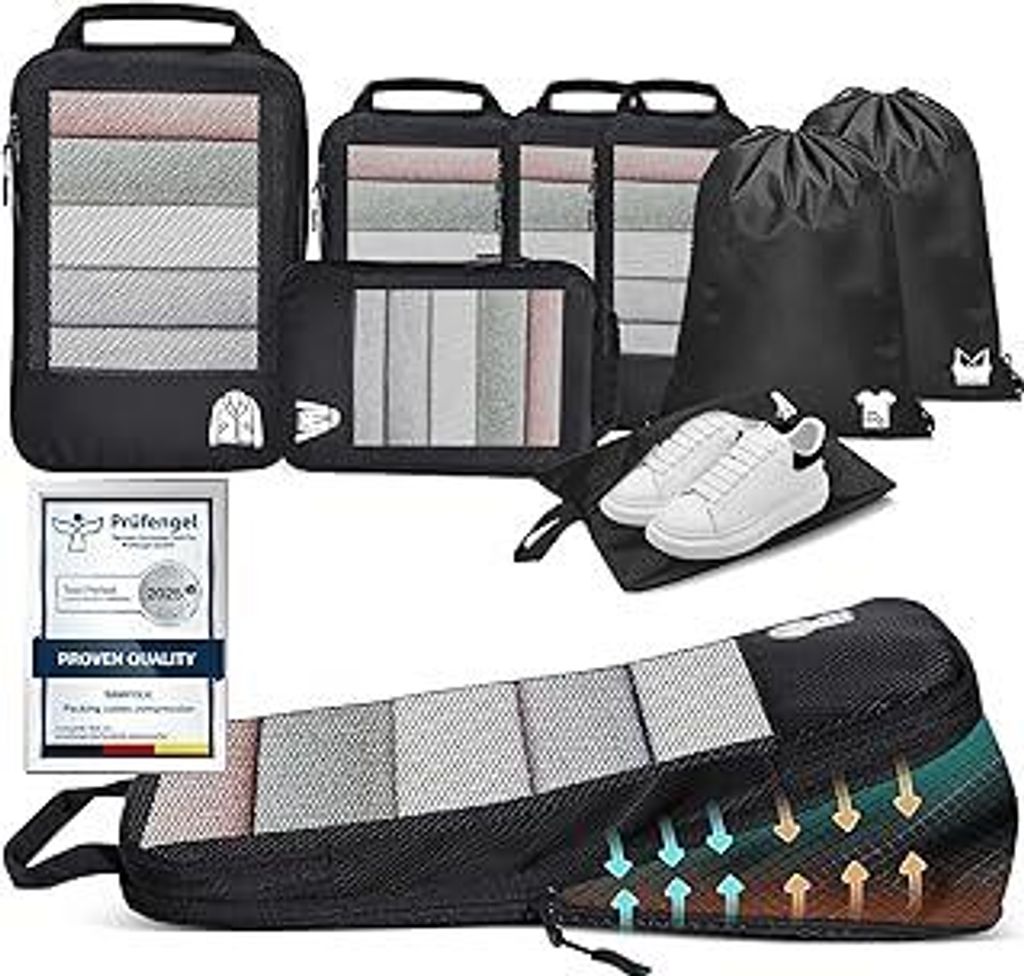8 Teilige Compression Packing Cubes, Koffer Organizer Kompression PackwüRfel Packtaschen FüR Backpack Rucksack Reisen Organizer Schwarz