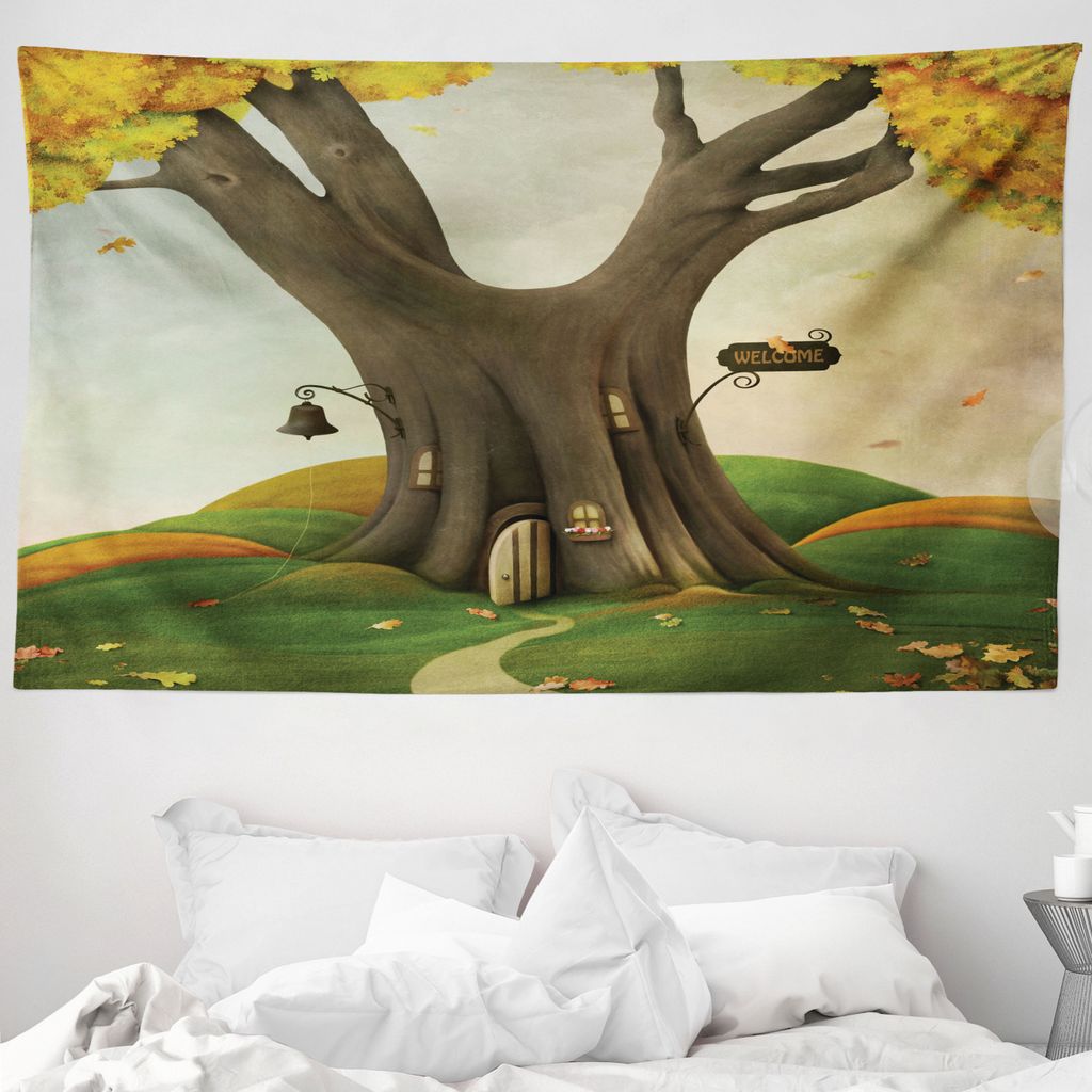 ABAKUHAUS Baum Wandteppich, Cozy Baum Tunk Herbst aus Weiches Mikrofaser Stoff Waschbar ohne Verblassen Digitaldruck, 230 x 140 cm, Sepia und Lindg...