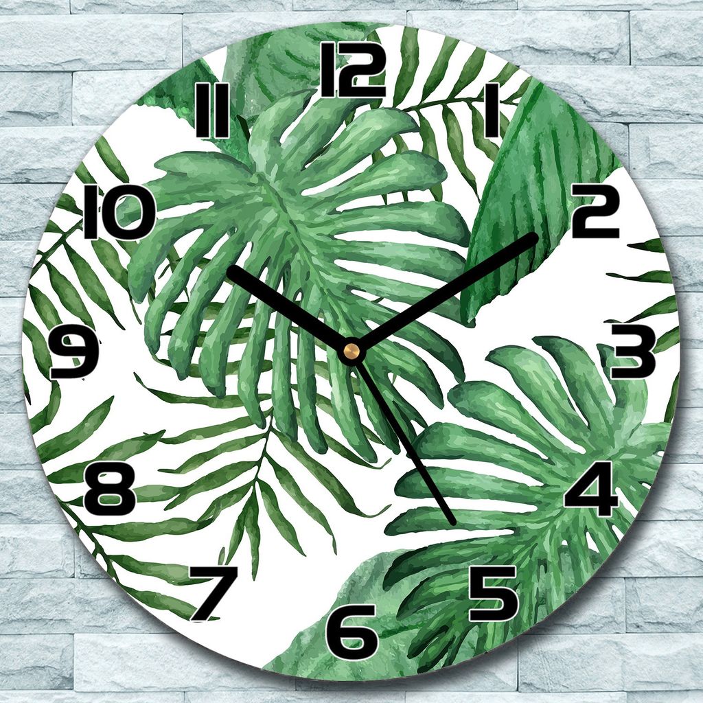 Wanduhr aus Glas Rund fi 30 Palmblätter Exotisch Quarz Deko Produktbild 