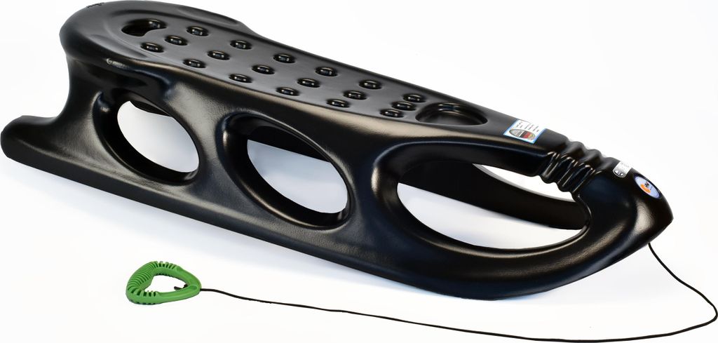 A black plastic sled with a green pull handle and rope, shown on a white background.