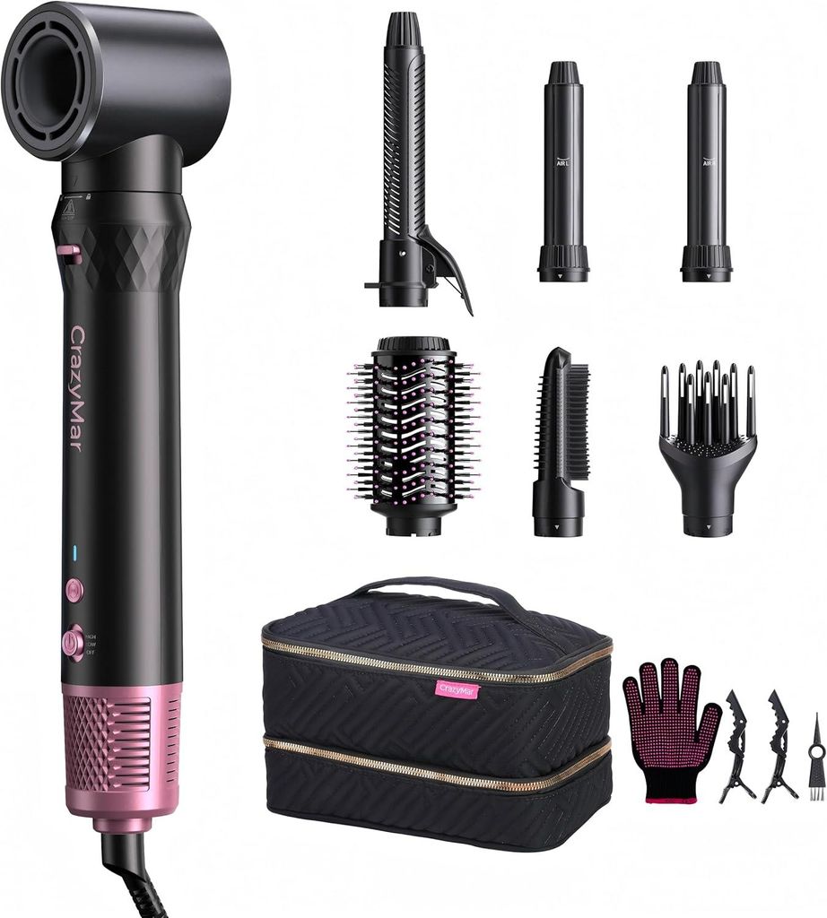 7-in-1 Airstyler Set mit Ionen Föhn, Automatischem Lockenstab und Glätteisen, 110000 U/min Warmluftbürste zum Trocknen, Volumisieren, Locken & G...