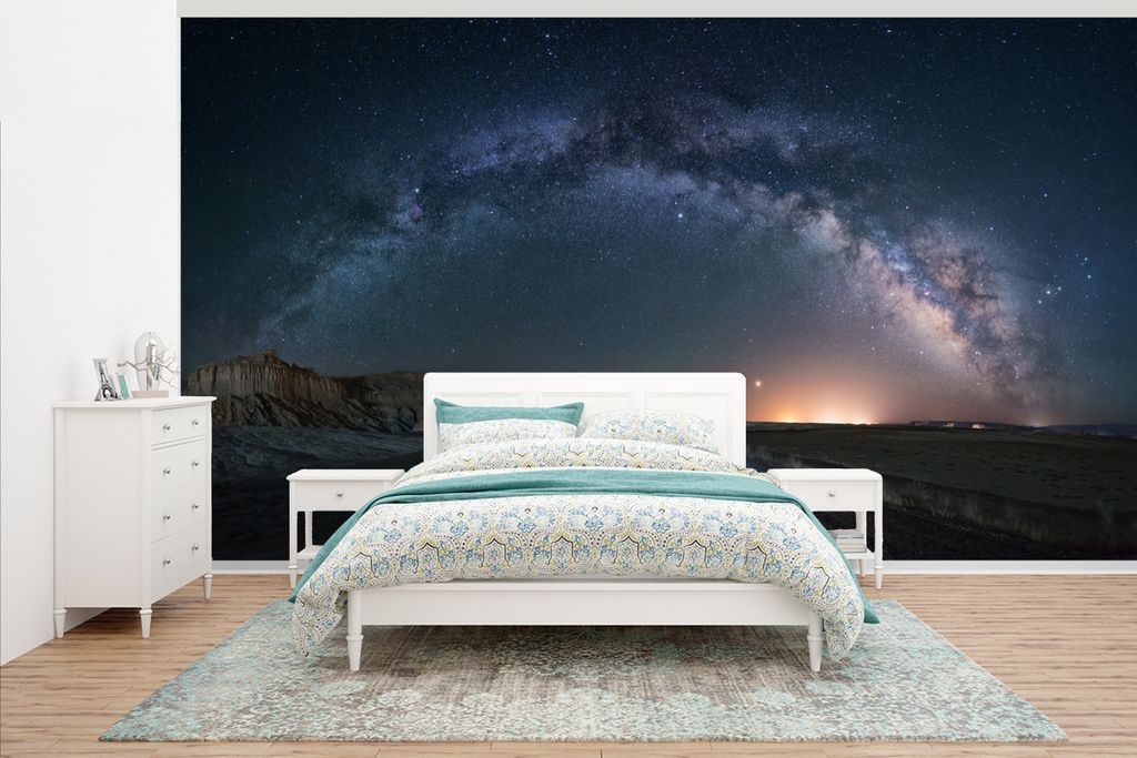 MuchoWow Fototapete für Wohnzimmer oder Schlafzimmer Wandtapete Vinyl Motivtapete Sternenhimmel - Wüste - Sterne - 465x260 cm - Hintergrundbild