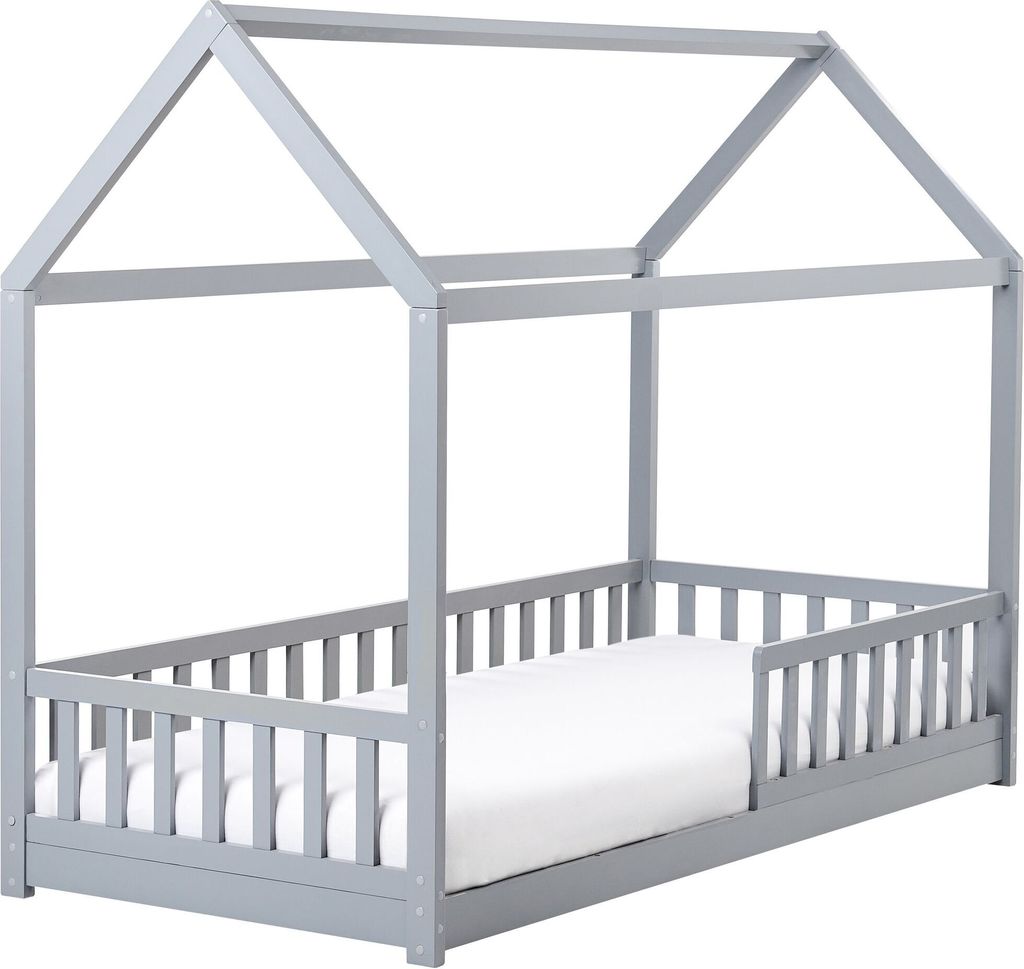 BELIANI Hausbett für Kinder Grau Kiefernholz mit Rausfallschutz Lattenrost 90x200 cm Bettgestell Hausform Kinderzimmer Kinderbett Jugendbett