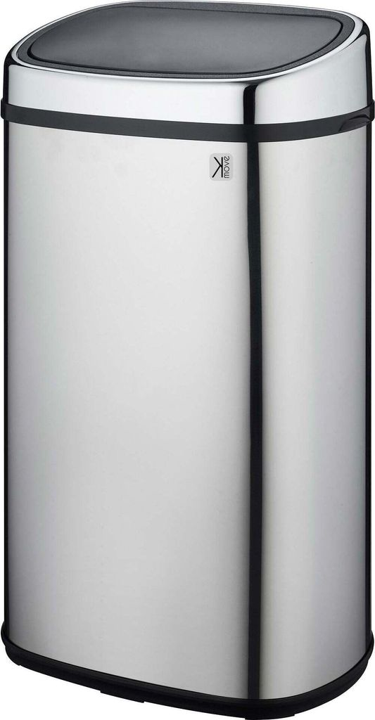 A stainless steel trash can with a black lid.