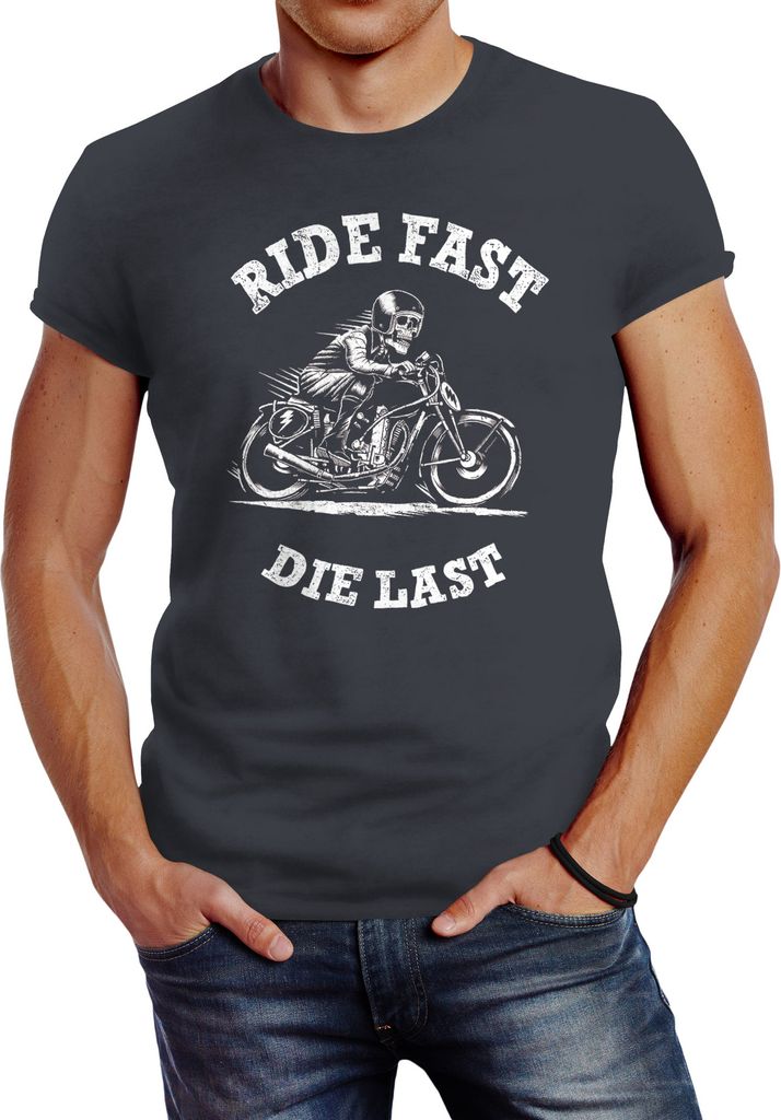Retro Vintage Biker Herren T-Shirt Ride Fast Die Last Slim Fit Neverless dunkelgrau M