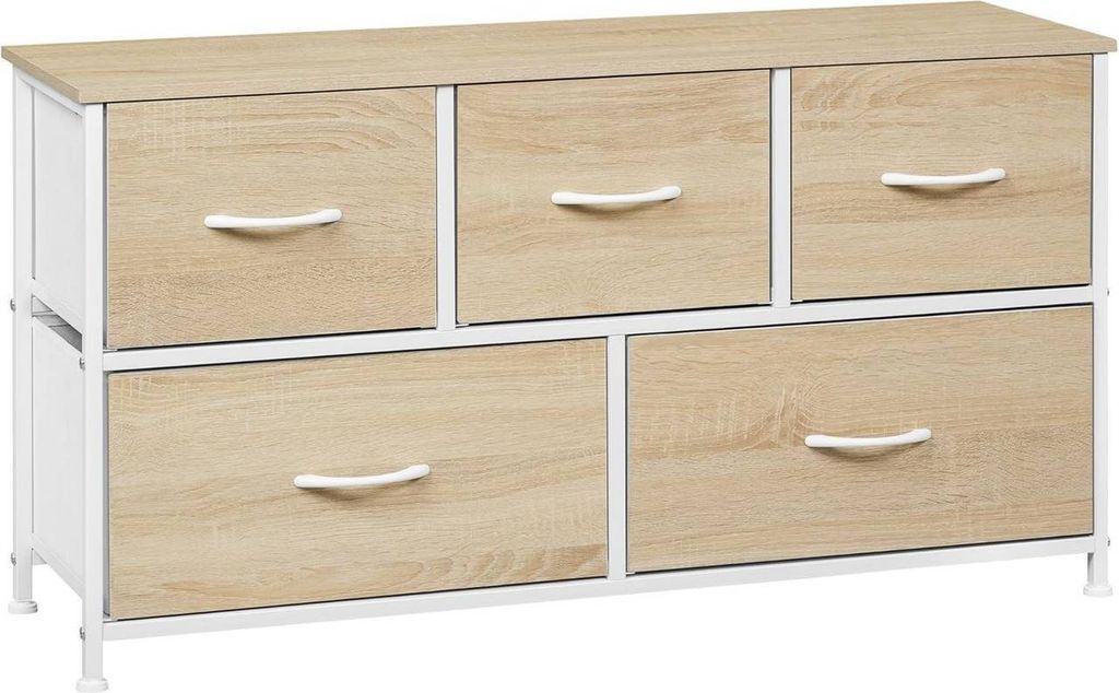 WOLTU Kommodenschrank 5 Schubladen, Metallrahmen Holzwerkstoff : Helle Eiche + Weiß Farbe: Helle Eiche + Weiß
