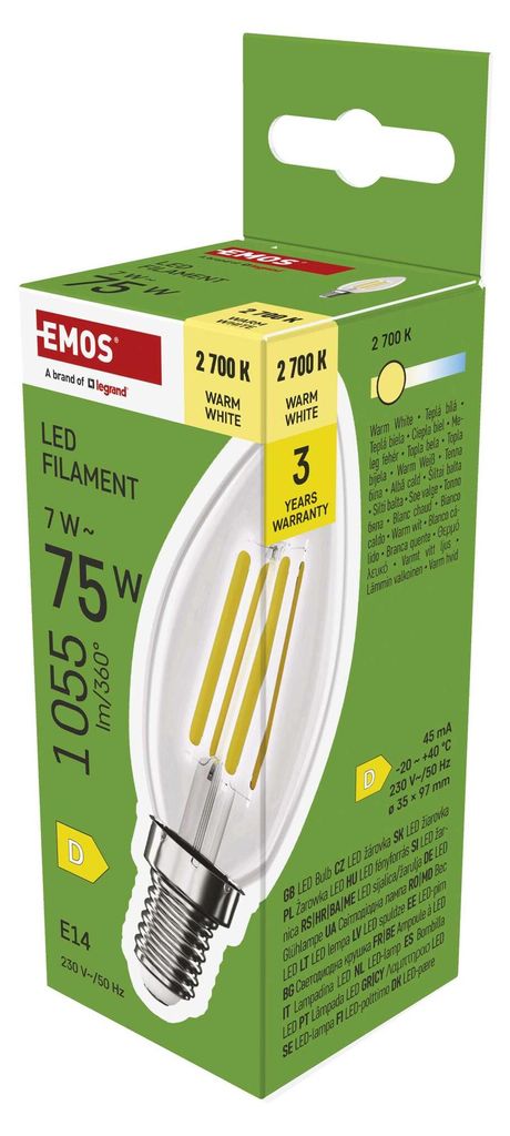 EMOS LED Lampe Edison Candle, 7W Ersatz für 75W Glühbirne, Vintage-Glühlampe mit E14 Sockel und Helligkeit 1055 lm, Warmweiß 2700 K