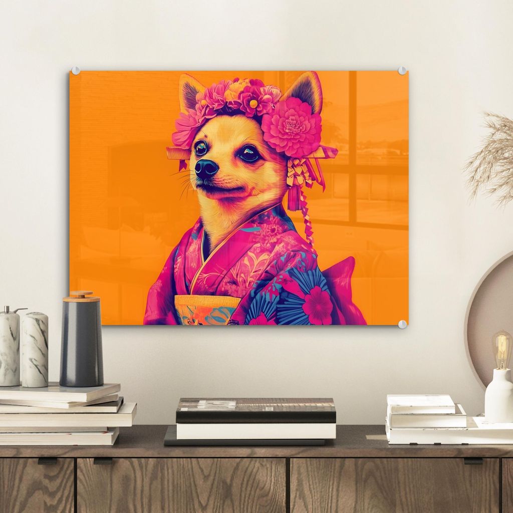 MuchoWow Glasbilder - Bilder auf Wandbild - Foto auf Glas Kimono - Hündchen - Blumenkrone - Orange 40x30 cm Wanddekoration aus Glas - Acrylglasbil...