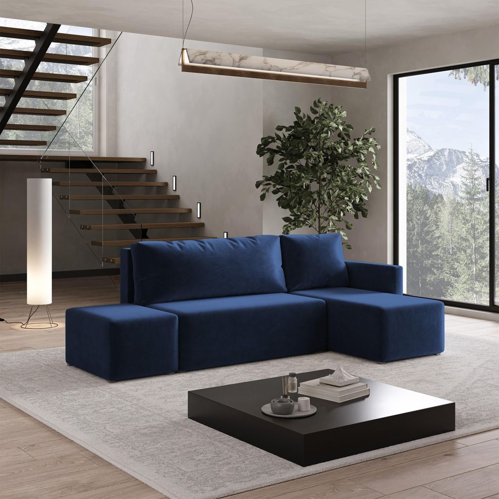 Masseno Ecksofa VELOTTI R-S mit Schlaffunktion L-Form, Sofa mit Bettkasten, Wohnzimmersofa, Couch, Soffa, Bettsofa, Couchgarnitur- Blau, KRONOS 09