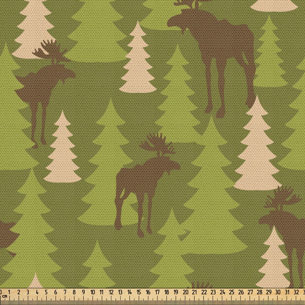 ABAKUHAUS Hirsch Gewebe als Meterware, Tiere im Forrest Moose und Kiefer-Muster-Kanada-Laub-Säugetier-Design, 10 M (148 x 1000 cm), Grün Tan Brown