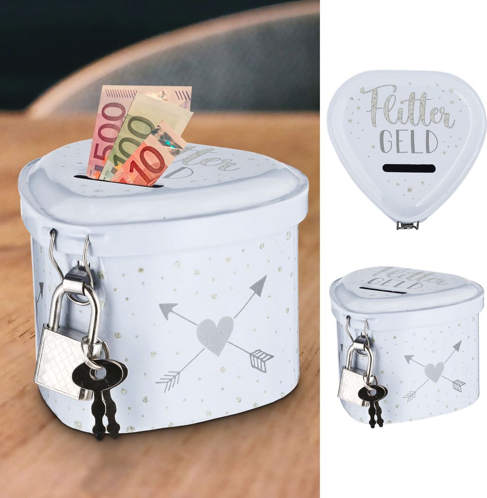 Spardose "Flittergeld" Hochzeit 8x6x7,5cm Herzform weiß Metall abschließbar Sparbüchse Büchse Gelddose