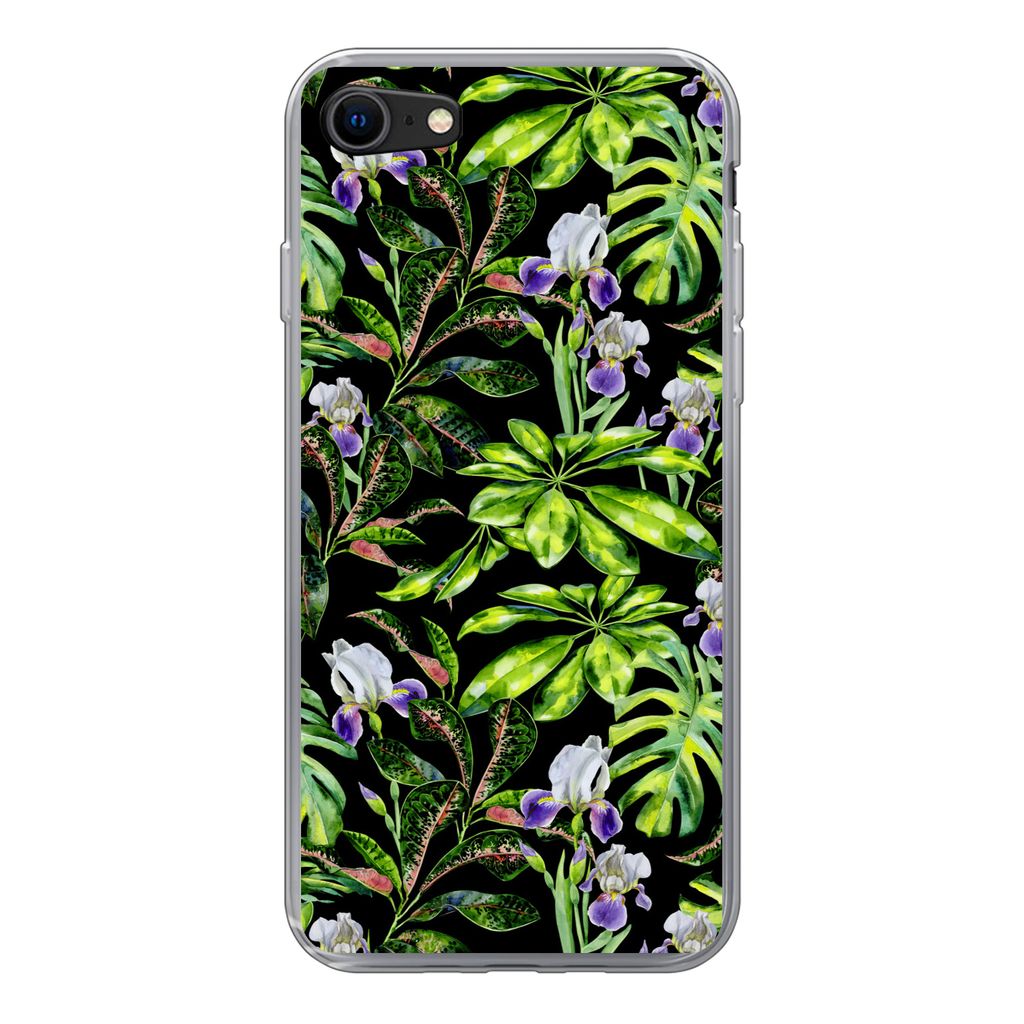 MuchoWow Handyhülle Schutzhülle Hülle für iPhone SE 2020 Blume - Blätter - Muster Silikon Softcase Handy Hülle - Kartenbesitzer