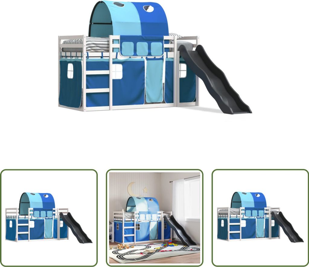 The Living Store Etagenbett mit Rutsche und Gardinen Blau 90x190 cm