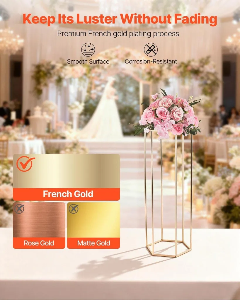 Centre de table mariage colonne dorée 80cm support fleurs hexagonal x10 - 4