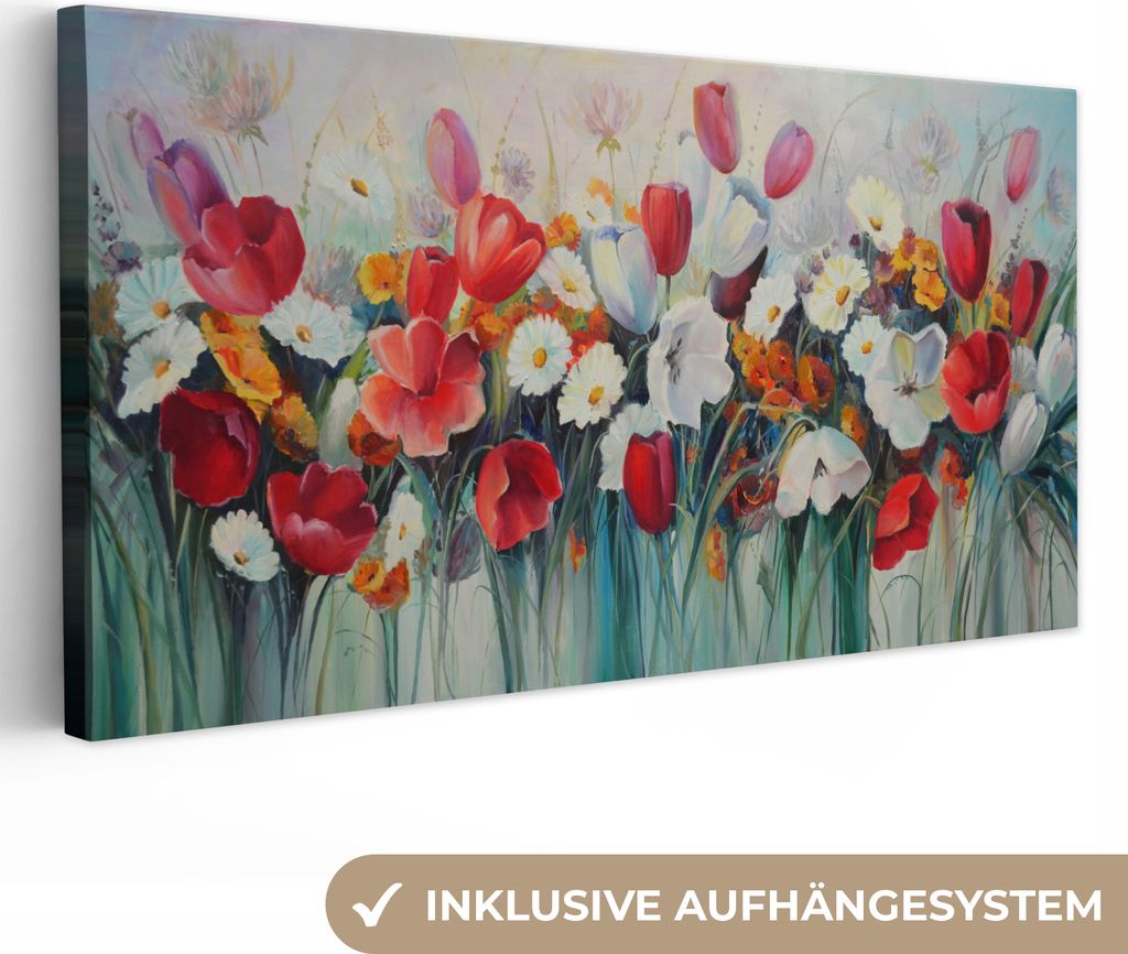 MuchoWow - Leinwandbilder - Malerei - Ölfarbe - Blumen, Wandbild, Wanddeko Bilder Wohnzimmer, 80x40 cm