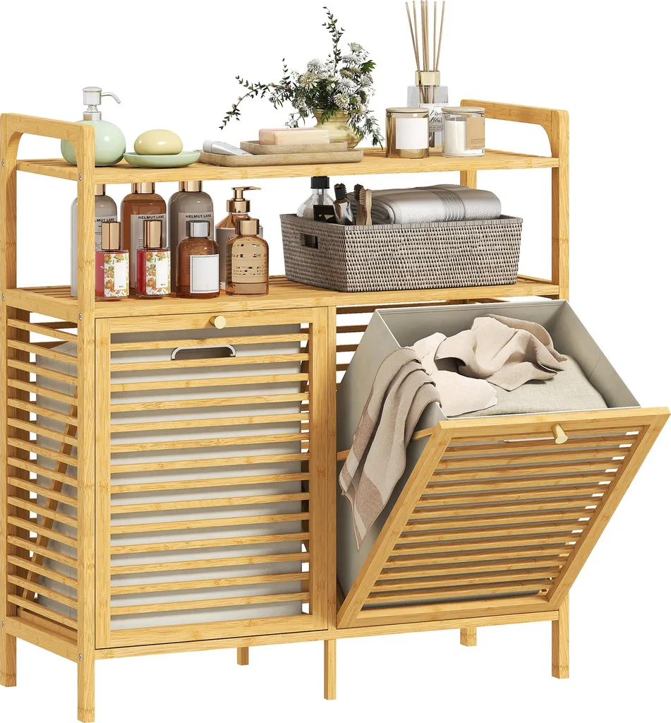 Panier à Linge Double avec Étagères de Rangement pour Buanderie Bois
