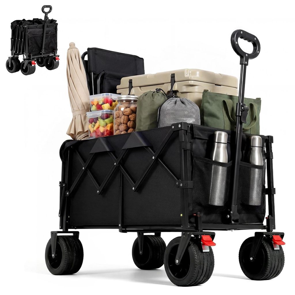 200L Bollerwagen faltbar offroad schwarz, Faltbollerwagen belastbar bis 150 kg, Klappbollerwagen für Strand, Garten, Einkäufe