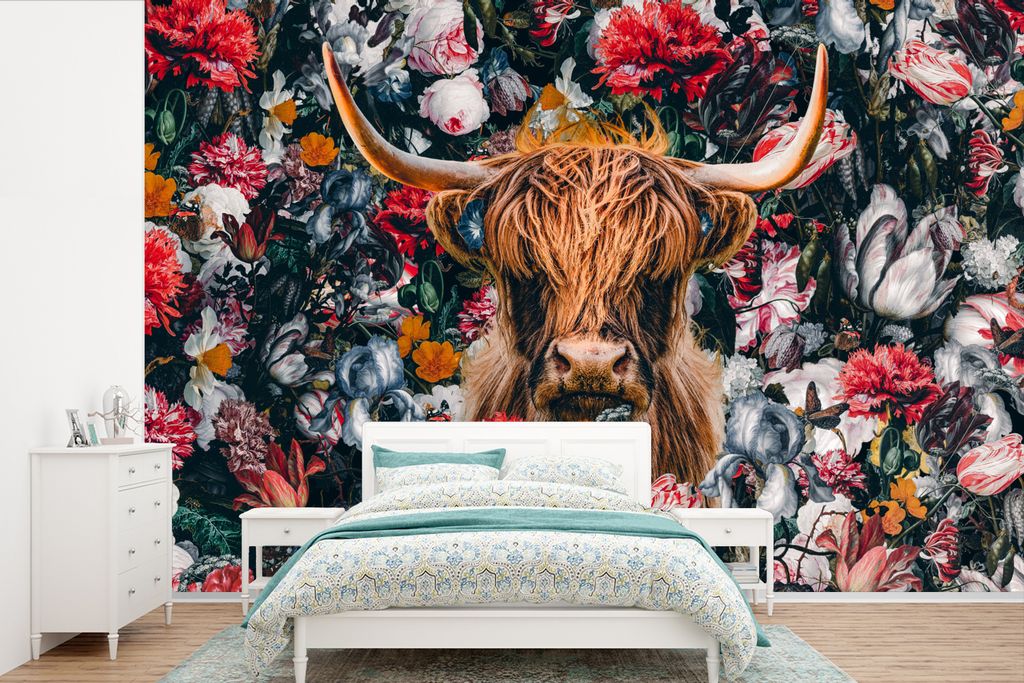 MuchoWow Fototapete für Wohnzimmer oder Schlafzimmer Wandtapete Vinyl Motivtapete Schottischer Highlander - Illustration - Blumen - 330x220 cm -...