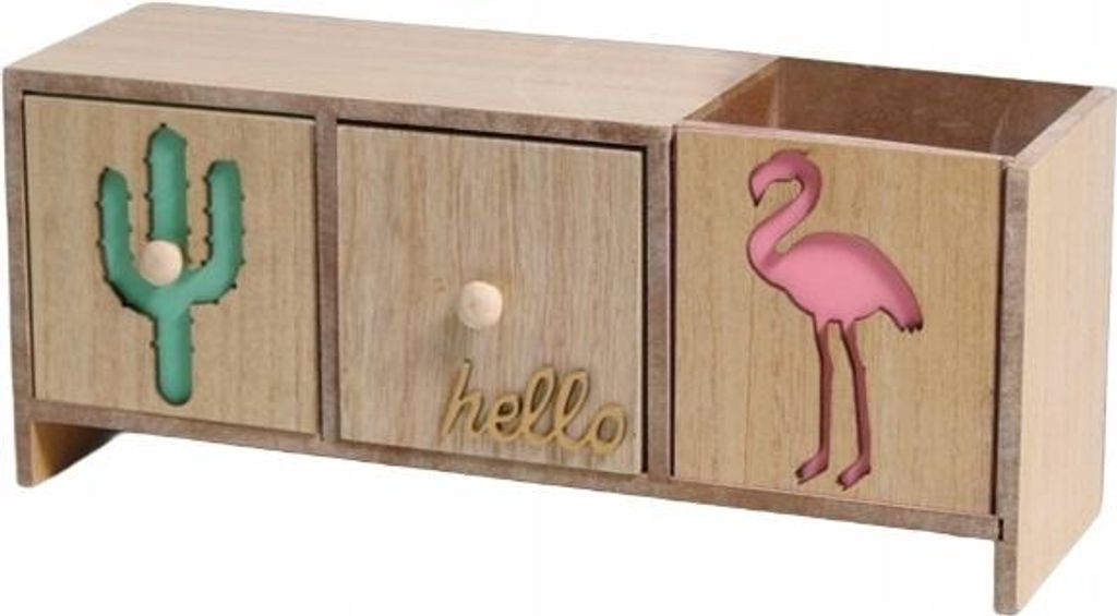 Holz Schreibtisch Organizer 3 Schubladen - Stiftehalter & Schmuckkästchen Flamingo