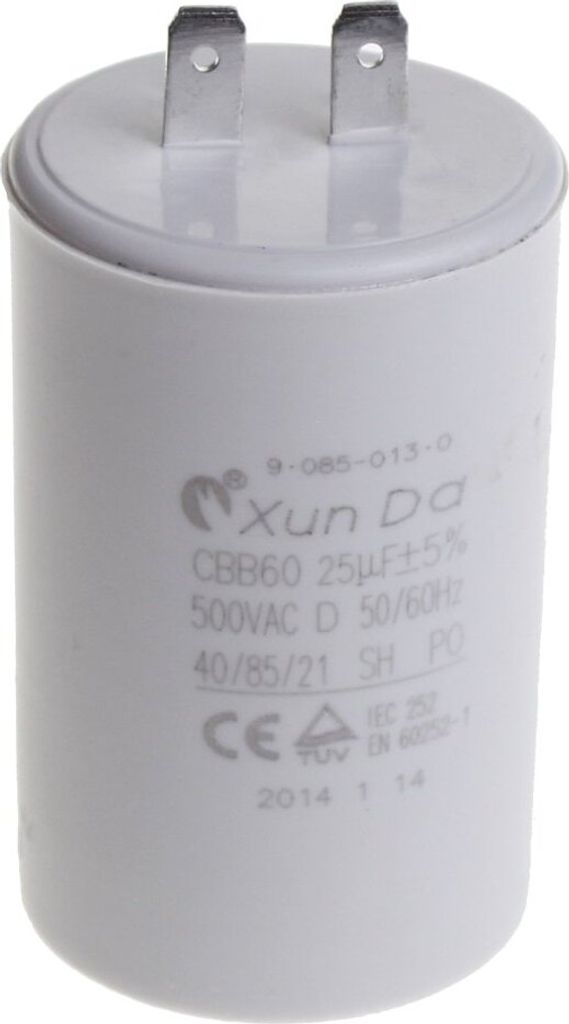 A white capacitor with metal prongs on top, set against a white background.