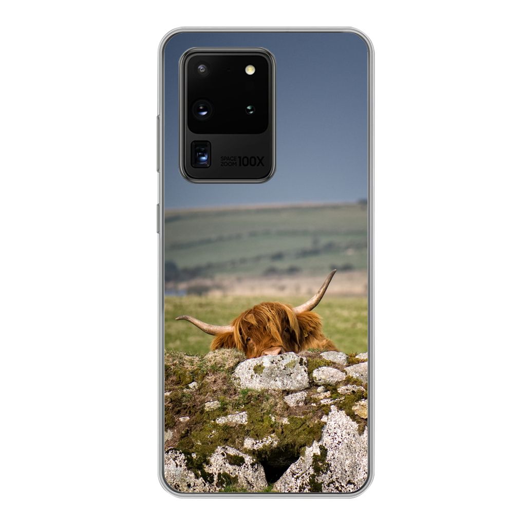 MuchoWow Handyhülle Schutzhülle Hülle für Samsung Galaxy S20 Ultra Schottische Highlander - Steine - Gras Silikon Softcase Handy Hülle - Kar...