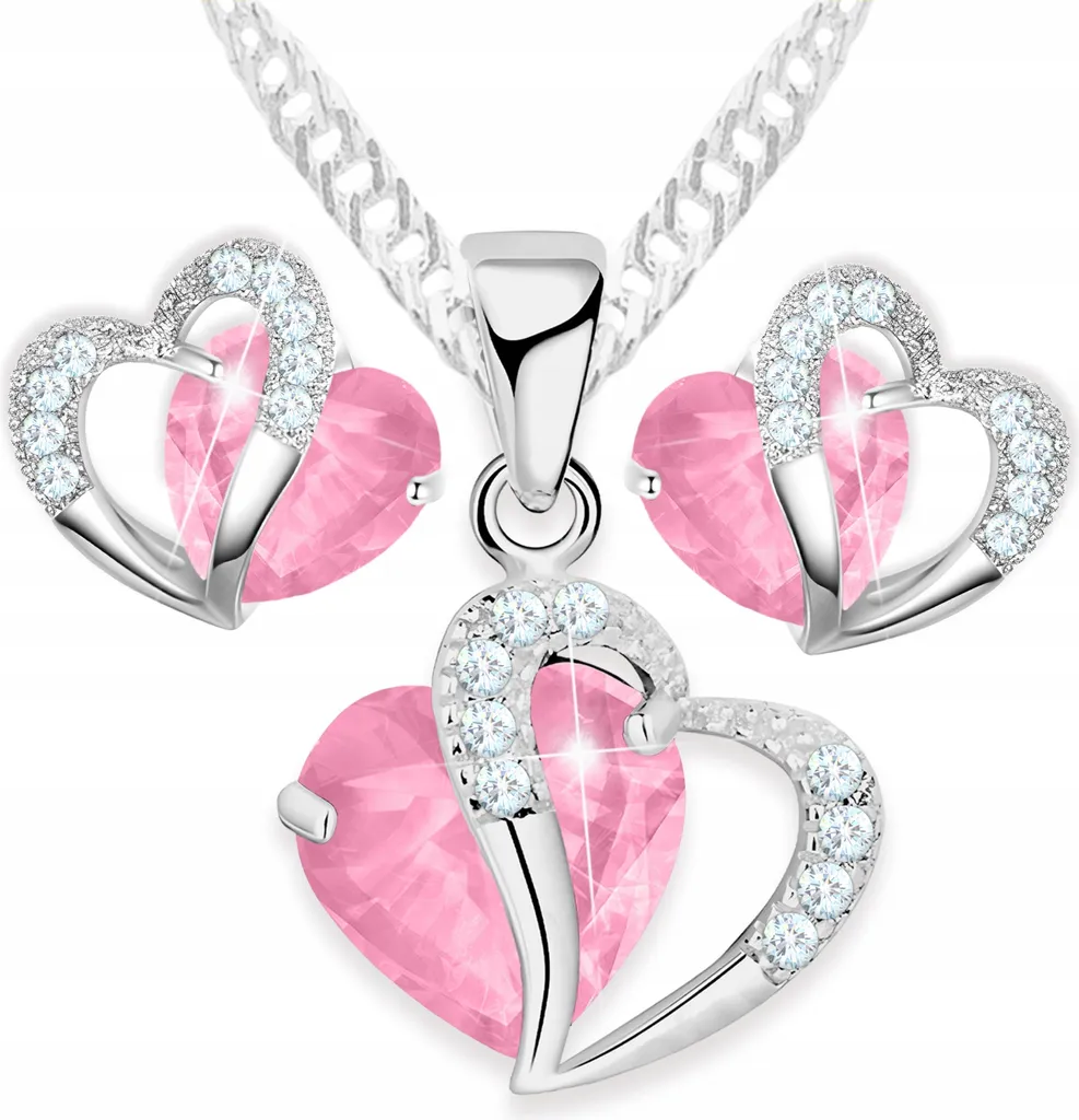Set Collana e Orecchini Argento 925 Cuore Rosa Cristallo - Parure Donna