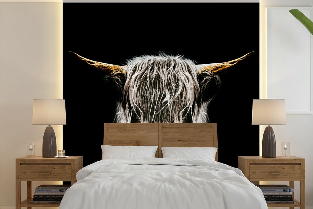 MuchoWow Fototapete für Wohnzimmer oder Schlafzimmer Wandtapete Vinyl Motivtapete Schottischer Highlander - Schwarz - Weiß - Hörner - 280x280 ...