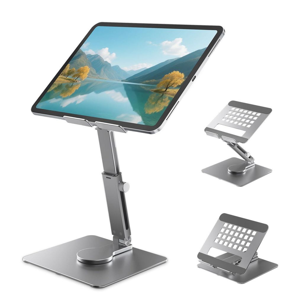 Tablet Ständer Schreibtisch, Höhenverstellbare 360° Alu iPad Halterung Faltbar, Ergonomischer Tischständer für 4,7-13 Zoll iPad Pro & Tablets
