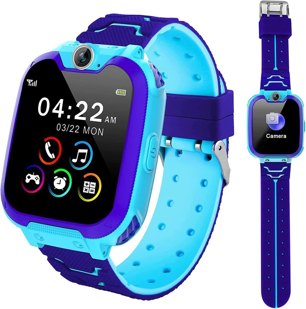 Kinder-Smartwatch (1,44 Zoll), Telefon wasserdicht mit Voice-Chat, SOS-Kamera, Musik, Wecker, Uhr für Android IOS (blau)