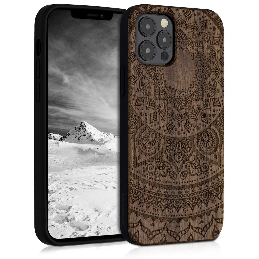 kwmobile Hülle kompatibel mit Apple iPhone 12 / iPhone 12 Pro Hülle - Holz Case - Handy Cover - TPU Handyhülle in Dunkelbraun Indische Sonne