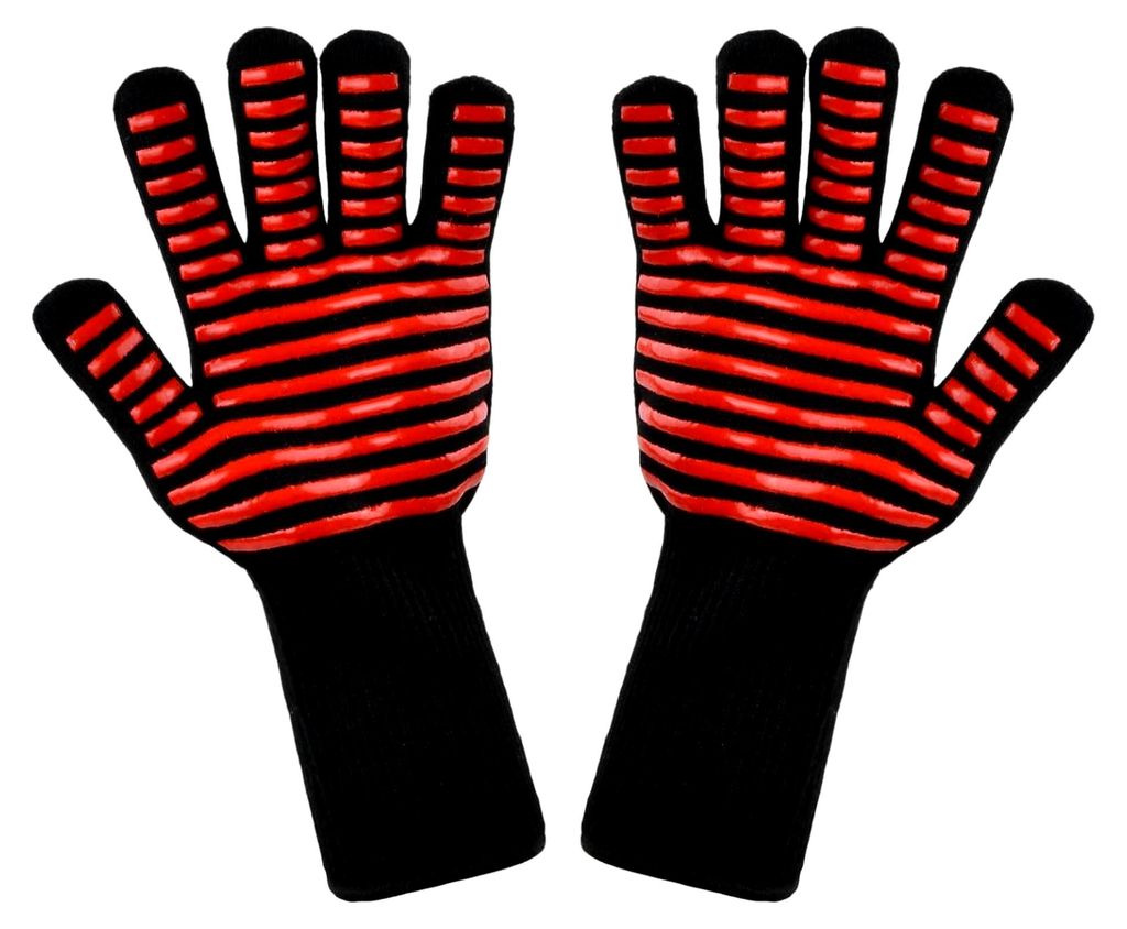 Hitzebeständige Grillhandschuhe bis 300°C, feuerfeste Ofenhandschuhe aus Aramid, BBQ-Handschuhe mit verlängerter Stulpe, Koch- und Backhandschuh...