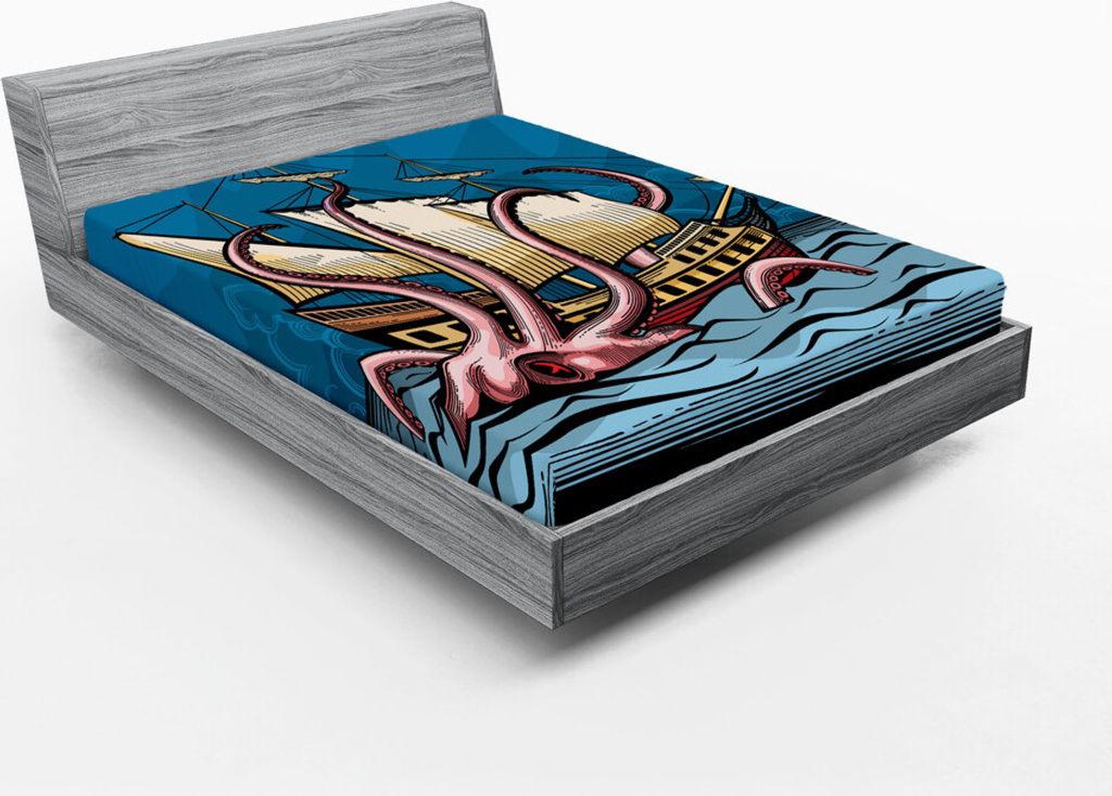 ABAKUHAUS Octopus Schiff Spannbetttuch, Kraken Attack Segeln Piratenschiff mit Mythische Squid Seeungeheuer Abenteuer, 135 x 190 cm, Koksgraue und ...