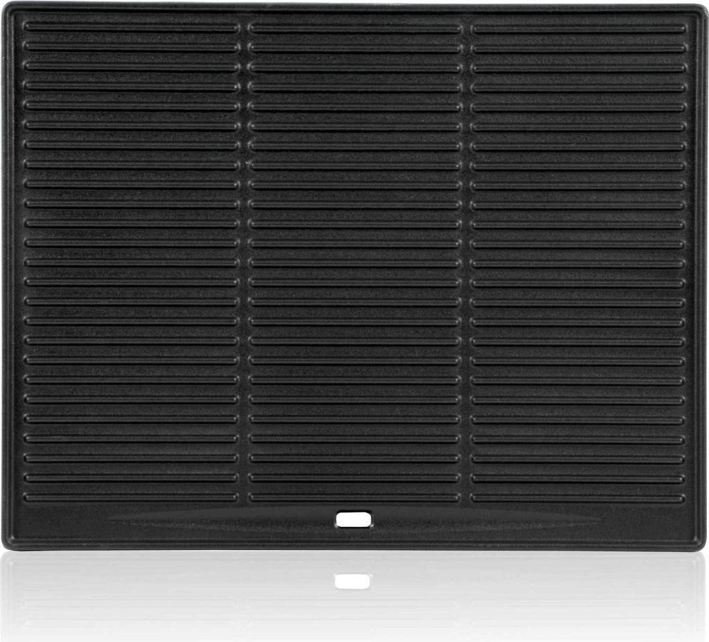 A black cast iron grill plate with horizontal ridges.