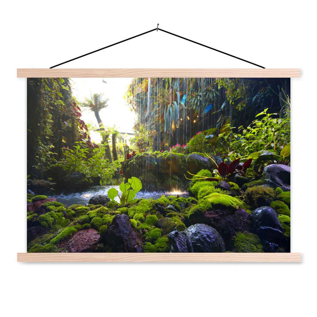 MuchoWow Textilposter Tropischer Wasserfall 120x80 cm mit holzfarbenen Rahmen - Aufhängeset