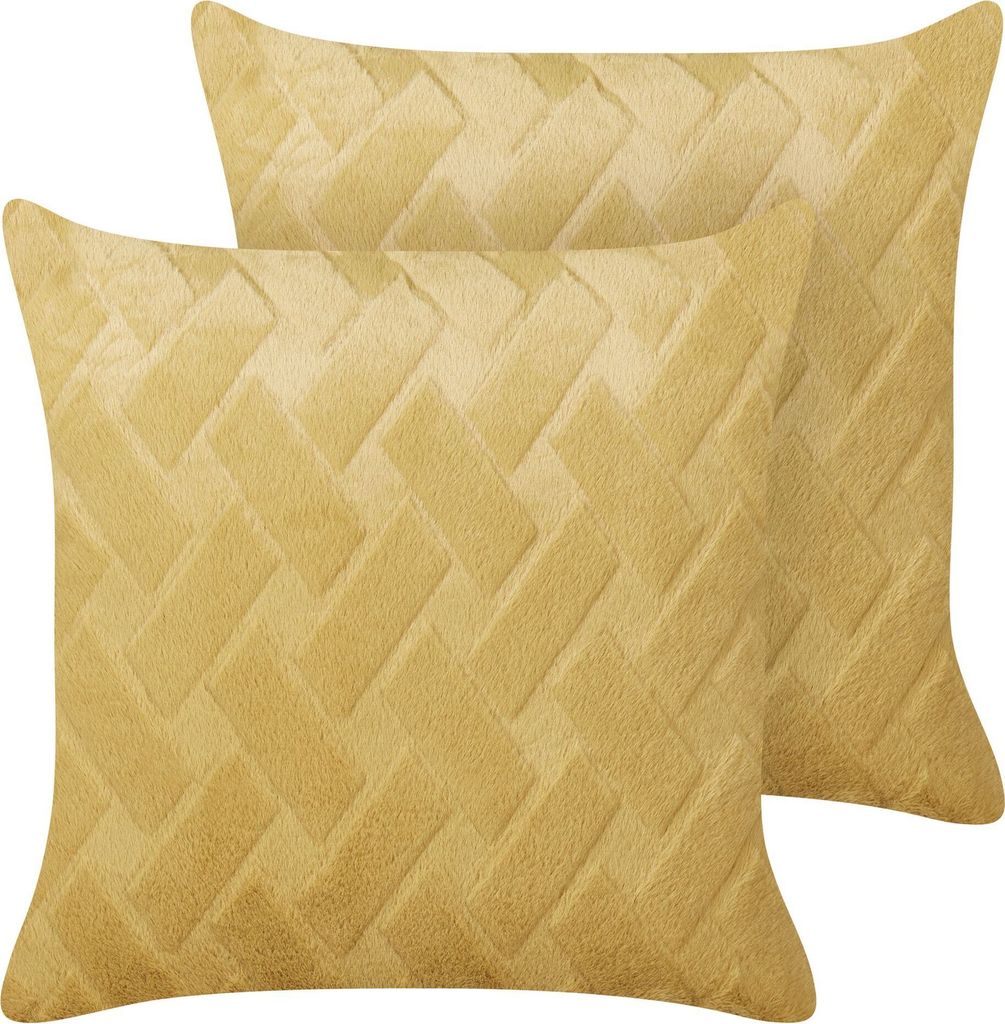 BELIANI Dekokissen 2er Set Gelb Felloptik Bezug mit Füllung Quadratisch 45x45 cm Geometrisches Muster Strukturiert Wohnzimmer Schlafzimmer Sofakissen
