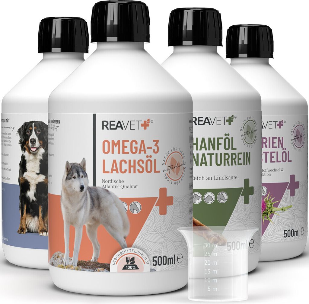 REAVET Futteröl Hunde, 4 Sorten x 500 ml, Barföl Hund, Futteröl Hund, Hochwertiges Barföl Hunde, Öl Hund, Barf Zusatz, Lachsöl natürlich art...