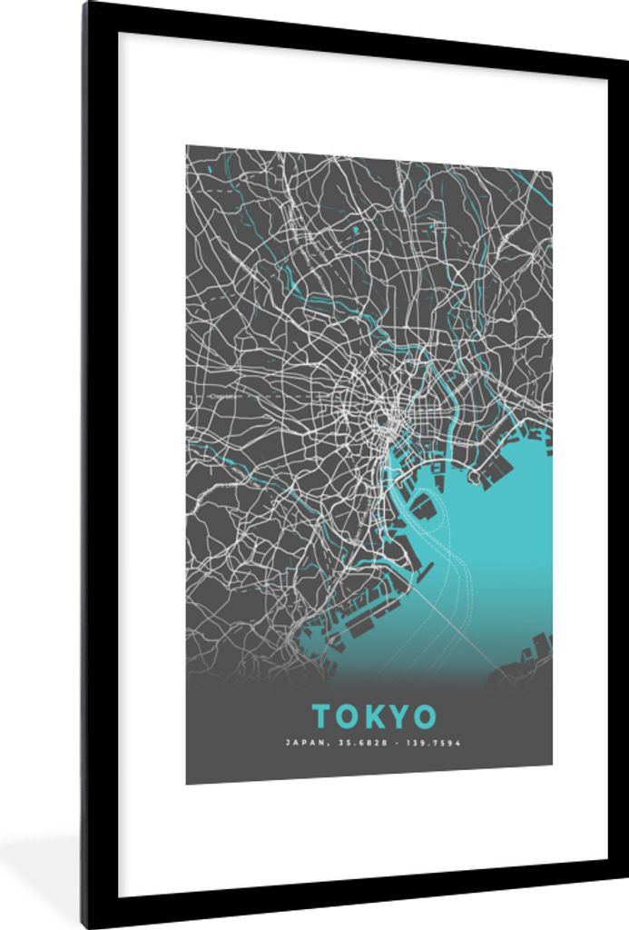 MuchoWow Gerahmtes Poster Tokio - Stadtplan - Blau - Karte 60x90 cm - Poster mit Schwarzem Bilderrahmen Wandposter Rahmen Foto Bilder - Dekoratio...