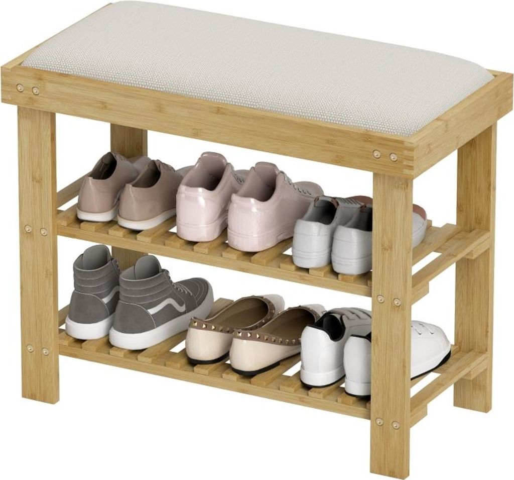 Schuhbank mit Sitzfläche, Bambus Sitzbank mit Stauraum, Schuhregal mit 2 offene Fächer, Sitzbank, Bank, Garderobenbank für Wohnzimmer, Flur