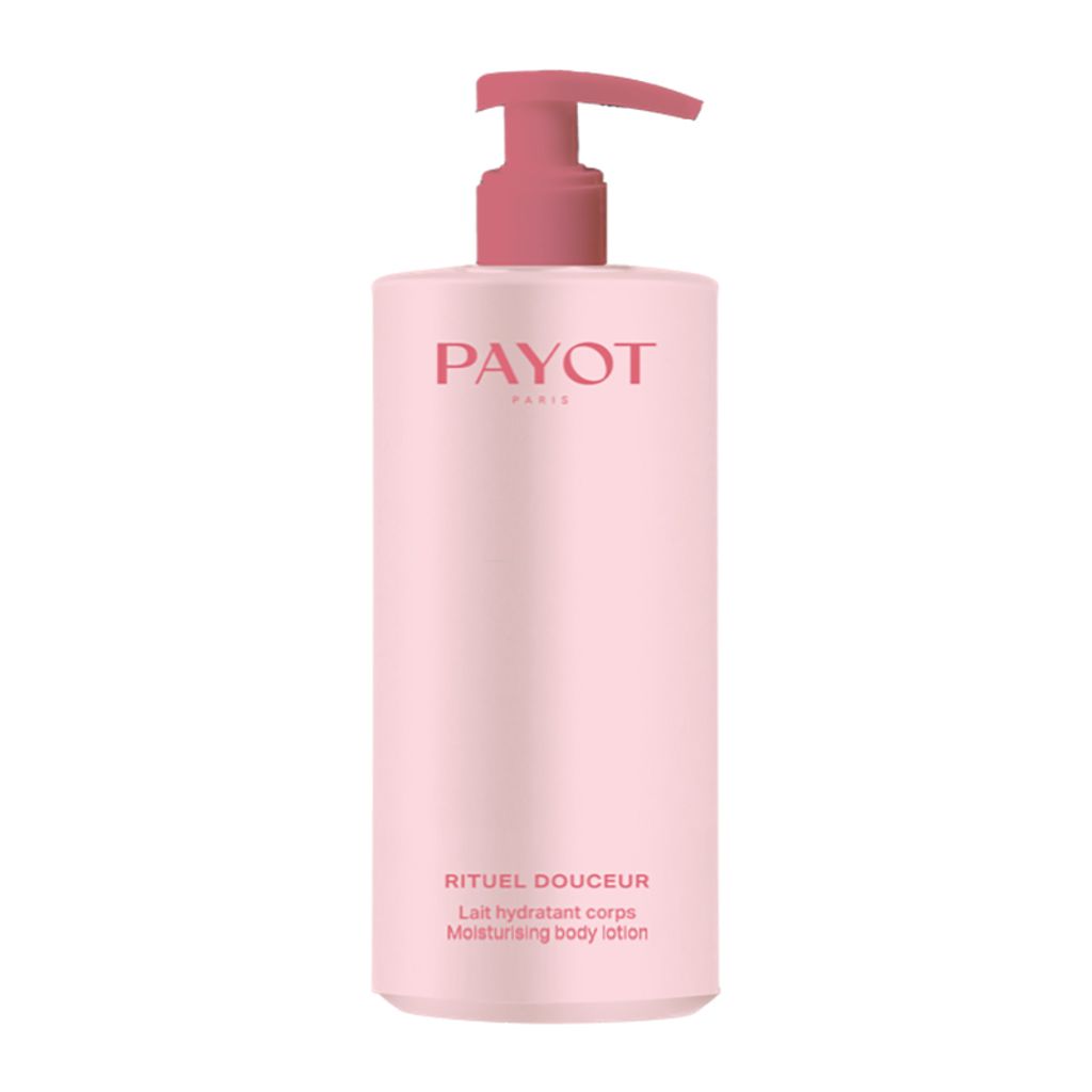 A pink pump bottle of Payot body lotion on a white background.