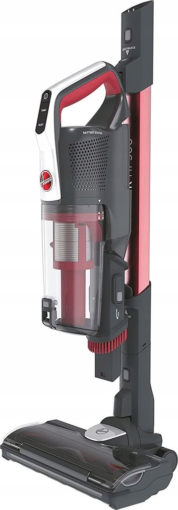 A cordless stick vacuum cleaner on its charging base.
