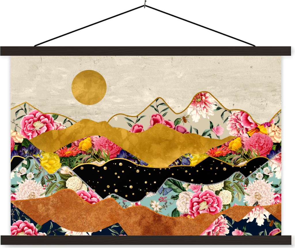 MuchoWow Textilposter Gold - Blumen - Druck - Abstrakt - Landschaft - Muster 150x100 cm mit schwarzem Rahmen - Schlafzimmer